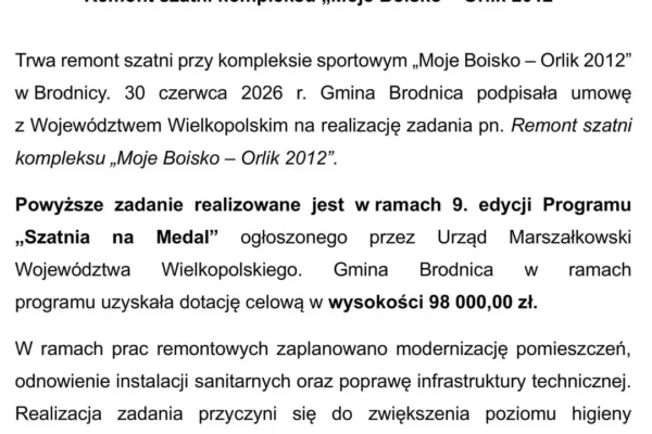 Remont szatni na Orliku w Brodnicy – dotacja z programu „Szatnia na Medal”