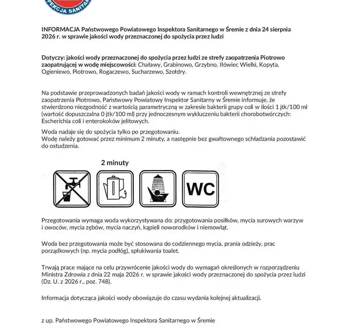 Ważny komunikat sanepidu w Śremie: woda w Piotrowie i okolicach niezdatna do spożycia