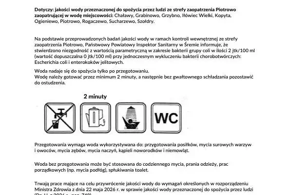 Wciąż obowiązuje zakaz korzystania z wody w Piotrowie i okolicach