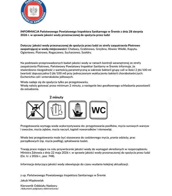 Wciąż obowiązuje zakaz korzystania z wody w Piotrowie i okolicach